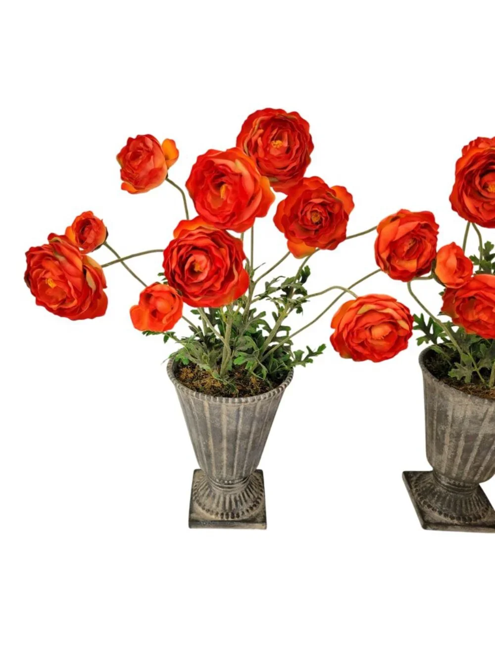 Pair Of Artificial Ranunculus Flowers In Aged Metal Look Ceramic Urn Planters Vi